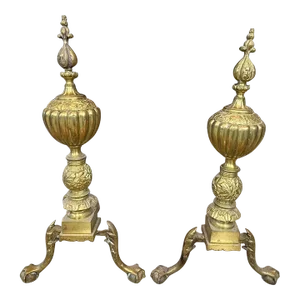Antique Chippendale Style Gilt Bronze Andirons—A Pair