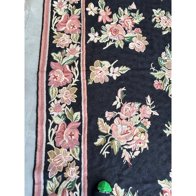 Black Hand Knotted Area Rug With Soft Pink & Green Flowers Against Black For Sale - Image 8 of 13
