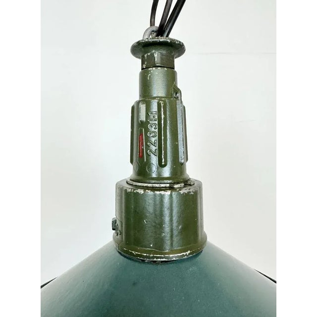 Industrial Industrial Petrol Enamel Military Pendant Lamp with Cast Aluminium Top, 1960s For Sale - Image 3 of 12