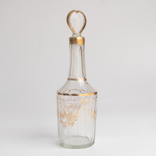 French Antique French Louis XVI Gilded Crystal Decanter With Heart Stopper For Sale - Image 3 of 14