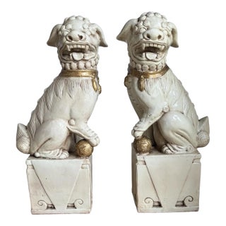 Huge Vintage Pair of Celadon Cream Glazed Large 30" Foo Dog Statues For Sale