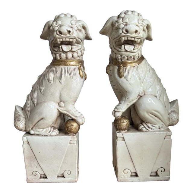 Huge Vintage Pair of Celadon Cream Glazed Large 30" Foo Dog Statues For Sale