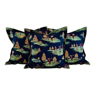 Designer Vicki Payne Free Spirit Printworks Blue Burgundy Green Tan Country Club Golf Toile Pillow Covers- 19" Set of 3 For Sale