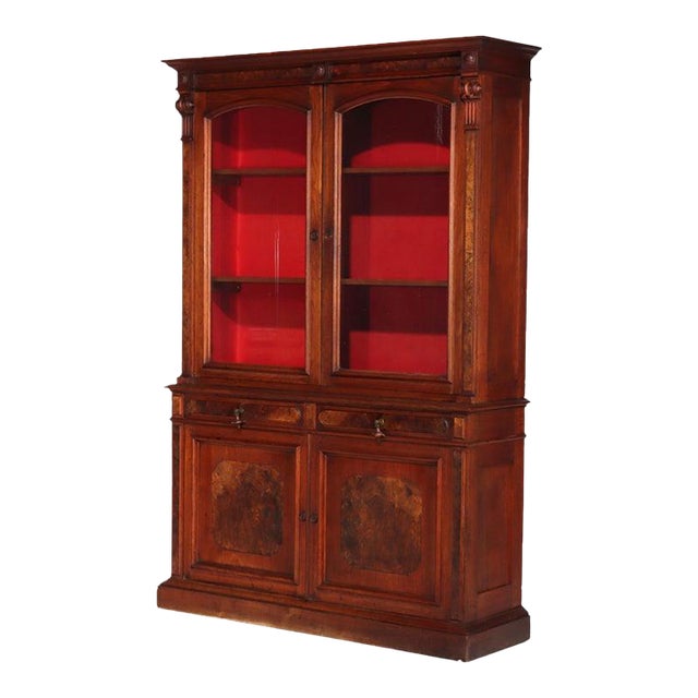 Antique Victorian Empire Walnut & Burl Step Back Bookcase C1880 For Sale