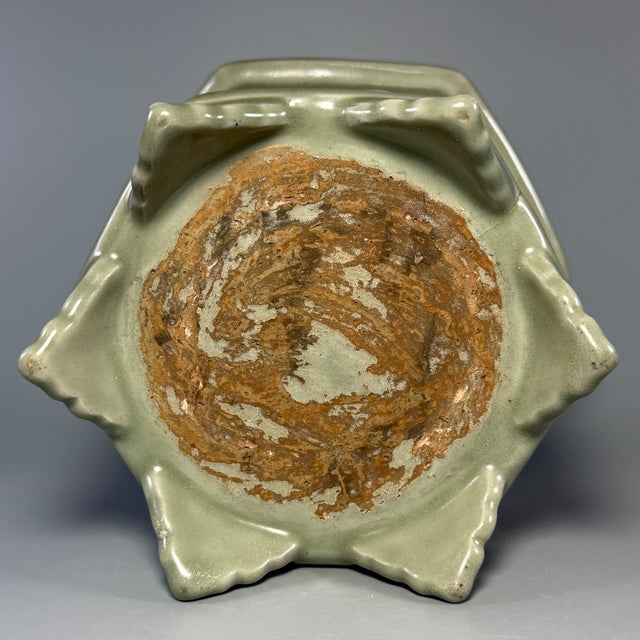 Vintage‑style Chinese Longquan Celadon Hexagonal Footed Pot With Relief Motifs For Sale - Image 6 of 6