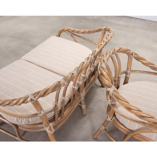 Tan Pair of McGuire Organic Modern Cerused Twisted Rattan Settee and Lounge Chair For Sale - Image 8 of 18