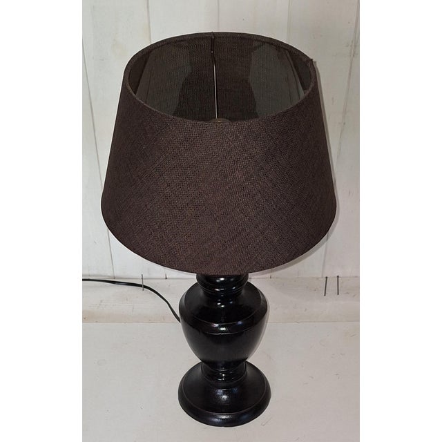 Vintage Table Lamp with Brown Chestnut Wood Base and Brown Fabric Shade, 1990s For Sale - Image 4 of 7