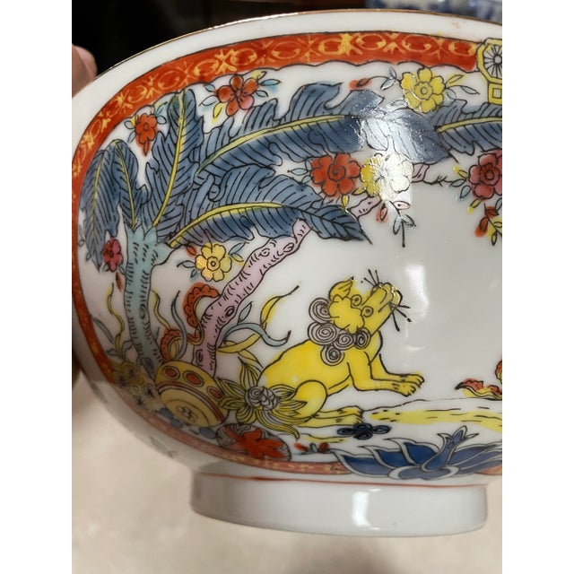 Ceramic Vintage Chinese Hand Painted Foo Dog & Flora Porcelain Decorative Bowl For Sale - Image 7 of 11