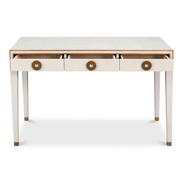 Art Deco Shagreen Writing Desk in White with Brass Ring Pulls For Sale - Image 4 of 12