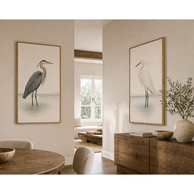 Not Yet Made - Made To Order Heron & Egret Coastal Set of 2, Neutral Bird Wall Art Prints, Reproduction For Sale - Image 5 of 9