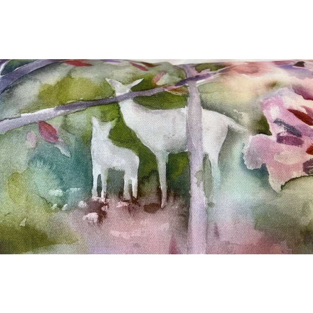 English Large Bolster Pillow Adorned With a Muted Water Color Like Forest Scene With Flowering Trees and Deer - Made in the U K For Sale - Image 3 of 12