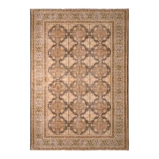 1960s Mid-Century Vintage Rug Beige Brown Distressed Geometric Pattern For Sale