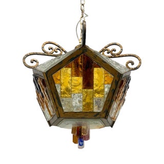 Brutalist Hanging Light in Murano Glass and Wrought Iron, 1960 For Sale