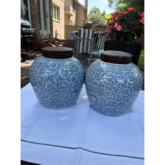 Pair of Ginger Jars Exhibit Classic Blue & White Chinoiserie Patterns: Highly Sought After Collectible :Qing Dynasty Characteristics For Sale - Image 4 of 6