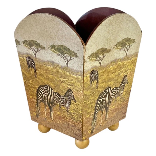 1980’s Safari Inspired Zebra Print Light Wood Wastebasket Styled After Fornasetti For Sale
