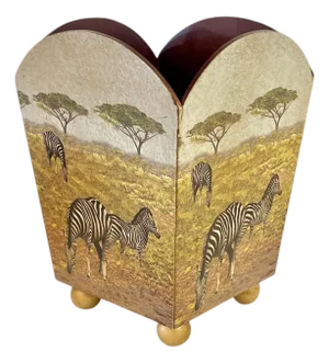 1980’s Safari Inspired Zebra Print Light Wood Wastebasket Styled After Fornasetti