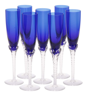1980s Hand-Blown Crystal Champagne Flutes in Cobalt Blue With Spiral Twisted Clear Stems, Set of 6