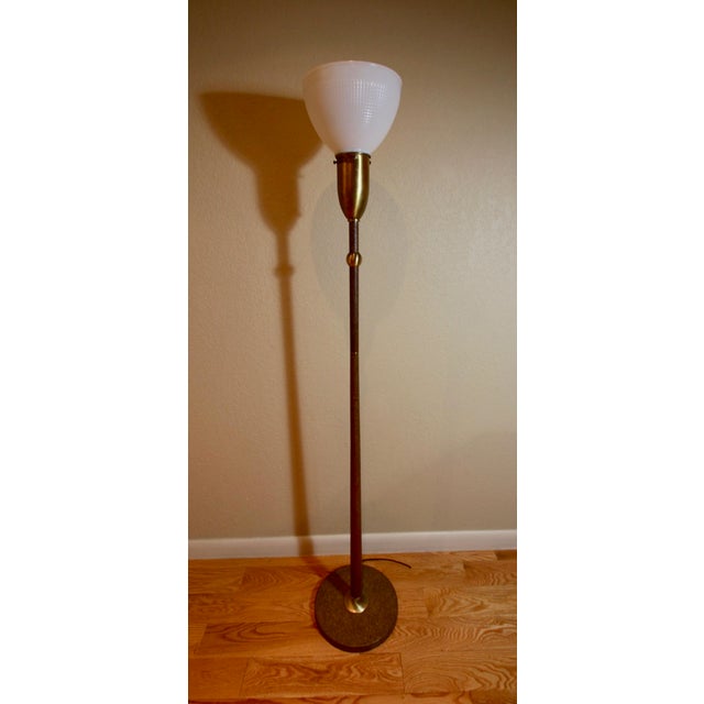 1950's Mid=Century Modern Floor Lamp by Rembrandt Lighting, with translucent glass diffuser. Dark brown 'Pollock' splatter...