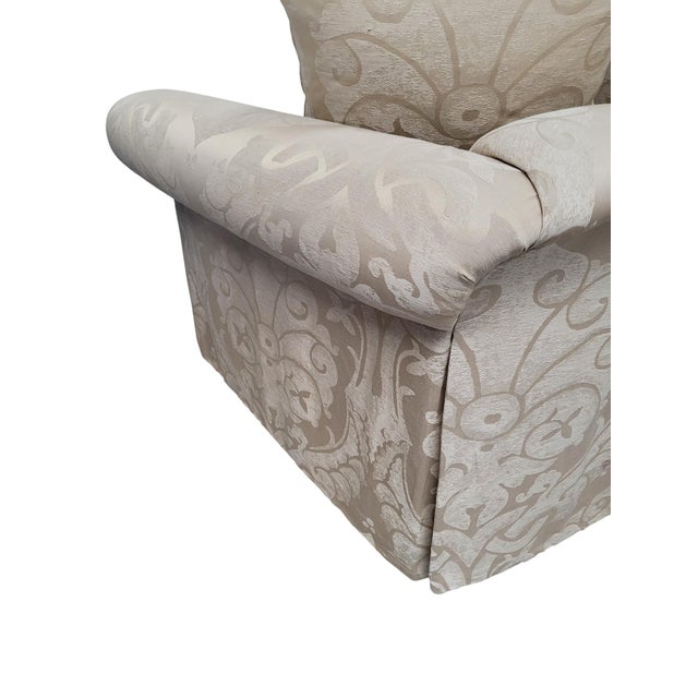 Textile Custom English Roll Arm Bench Seat Damask Loveseat With Pleated Skirt For Sale - Image 7 of 13