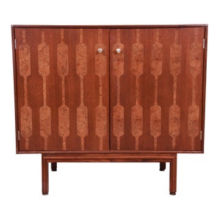 Romweber Mid-Century Modern Walnut and Inlaid Burl Wood Bar Cabinet, Newly Refinished For Sale