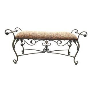 Late 20th Century French Country Patinated Copper-Finished Metal and Upholstered Hall Bench For Sale