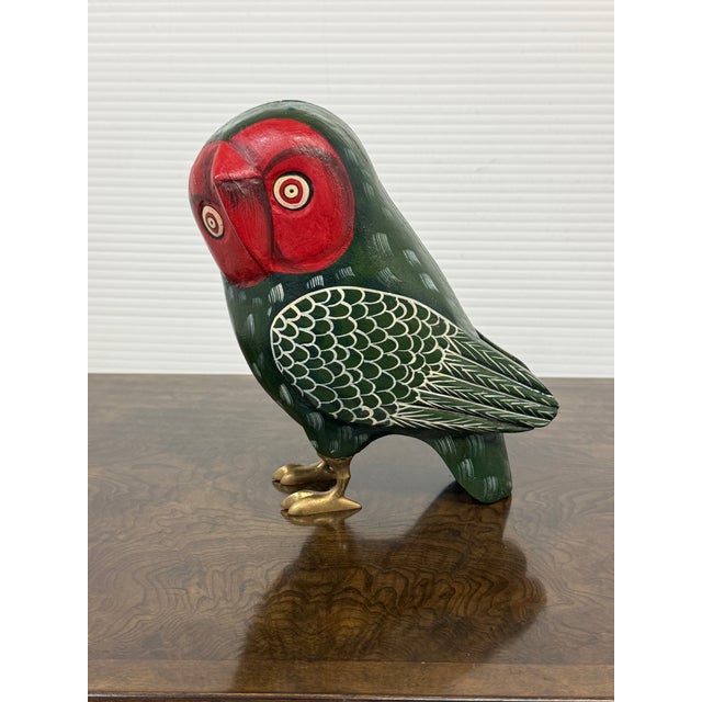 Sudha Hand-Painted Wooden Owl Figurine For Sale - Image 4 of 12