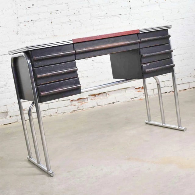 1930s Art Deco Machine Age International Style Chrome & Black Desk Gilbert Rohde Attribution For Sale - Image 5 of 13