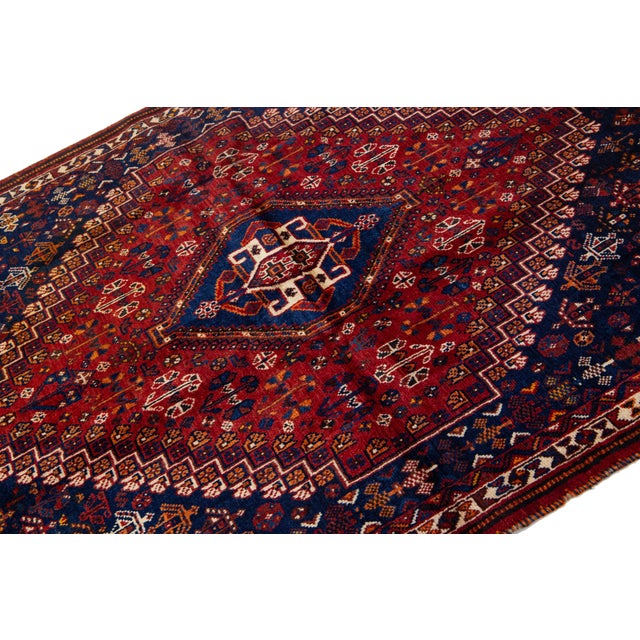 Red 4 X 5 Blue and Red Designed Shiraz Vintage Persian Wool Rug For Sale - Image 8 of 10