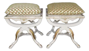 Unique Pair Italian Cerule Form Gilt Decorated Creme Painted Upholstered Stools