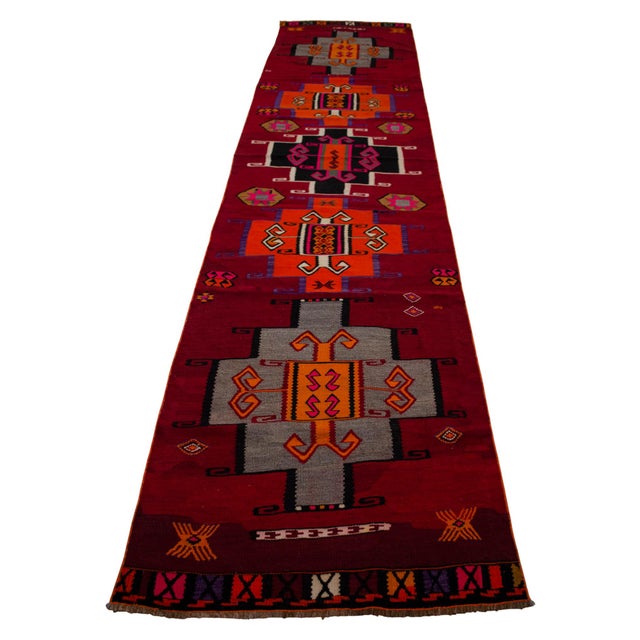 1970s Vintage Runner Rug Kilim• Turkish Handwoven Tribal Flat Weave • Hallway Kitchen Decor - 3′4″ × 14′4″ For Sale - Image 5 of 15
