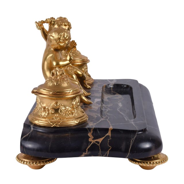 19th Century Dore Bronze Cherub Marble Inkwell For Sale - Image 11 of 11