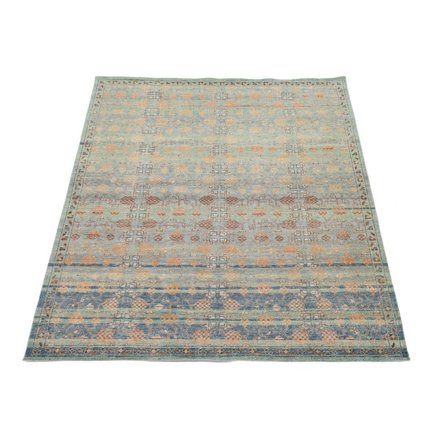 2020s Vintage-Inspired Khotan Geometric Wool Rug – Earthy Sage, Terracotta, and Navy For Sale - Image 5 of 9