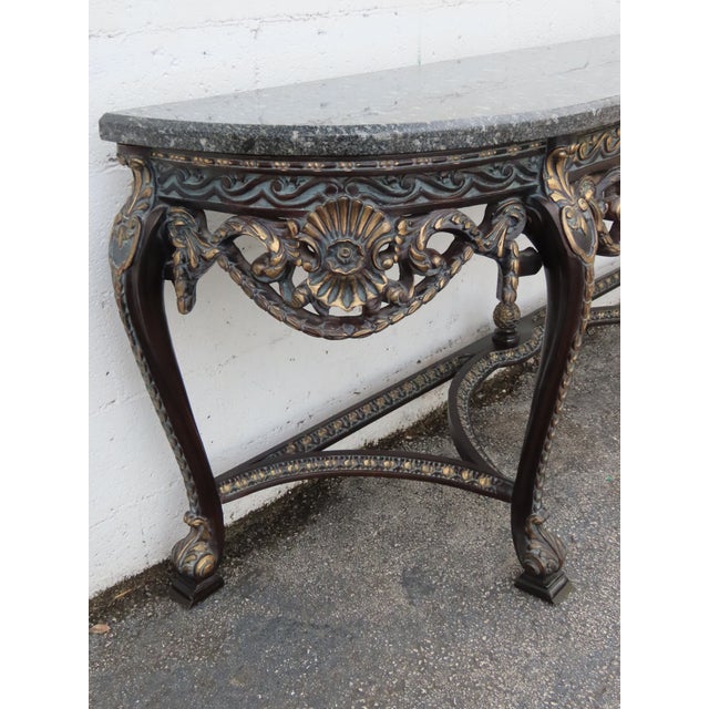 Wood French Painted Black Heavy Carved Marble Top Large Long Console Entry Table 6381 For Sale - Image 7 of 12