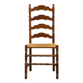 High End Vintage Solid Hard Rock Maple Colonial Early American Ladder Back Dining Side Chair W. Rush Seat For Sale