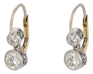 1910s Pair of Edwardian Style Diamond 18k Yellow Gold Drop Earrings