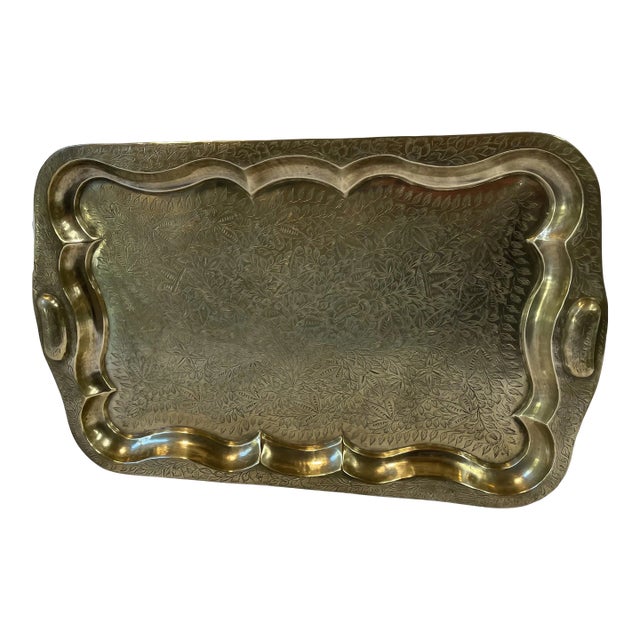 Vintage Brass Scalloped Edge Etched Tray For Sale