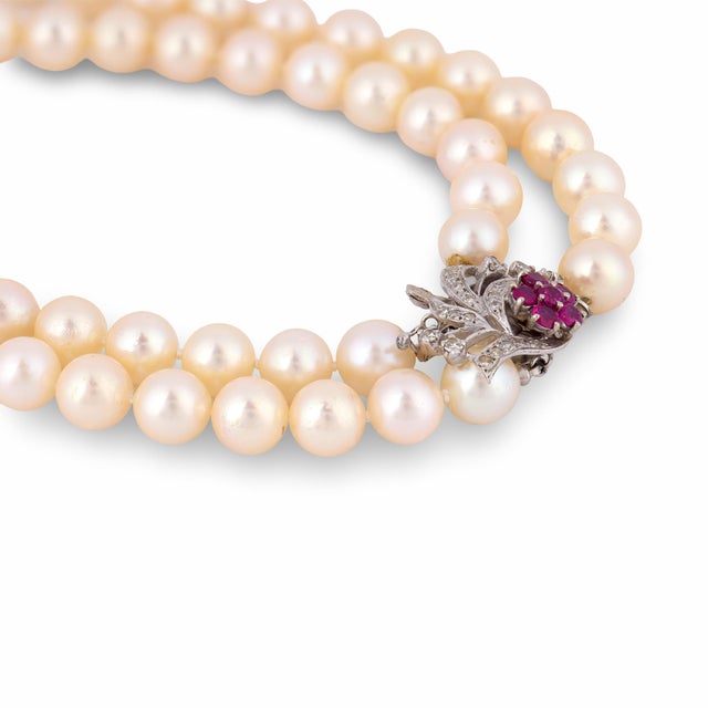 Mid 20th Century Vintage Ruby Diamond Pearl 14k White Gold Necklace For Sale - Image 5 of 7