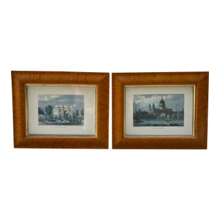 Antique, Burlwood Framed Hand-Colored London Engravings - Set of 2 For Sale