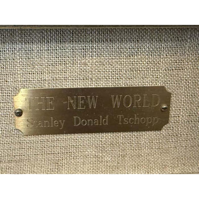 This work juxtaposes two biomorphic figures—one suspended in a teal-blue field, the other grounded in olive green—both...