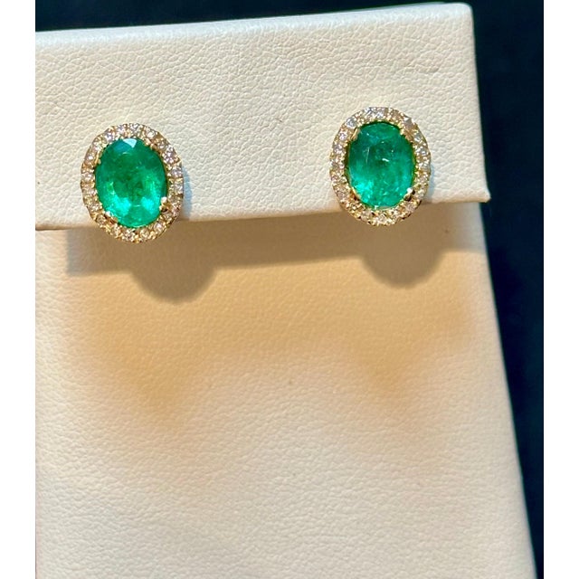 6 Carat Oval Shape Emerald and Diamond Post Back Earrings 14 Karat Yellow Gold For Sale - Image 9 of 18