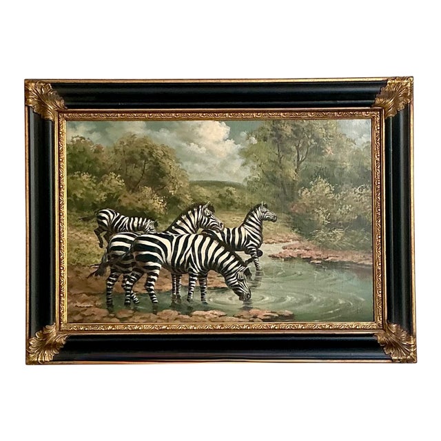 Vintage Zebra Landscape Oil Painting For Sale - Image 13 of 18