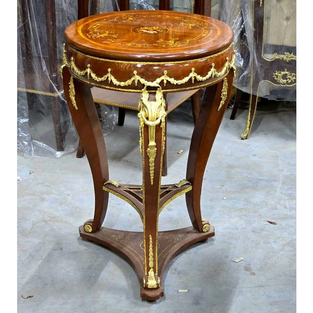 2020s French Empire Round Side Table With Hand-Carved Wood Frame, Gold Leaf Accents & Marquetry Top For Sale - Image 5 of 5