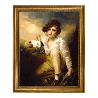 Boy and Rabbit by Raeburn Print on Canvas in Antiqued Gold Frame- 19-1/2" X 23-1/2" For Sale