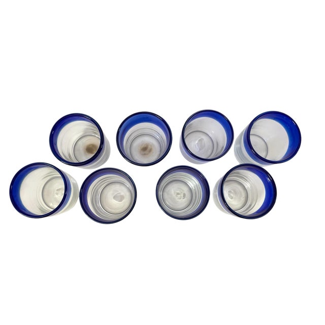 8 Mexican Hand Blown Cobalt Blue Rim Glass Tumbler Pontil Bubble Low Ball For Sale - Image 4 of 6