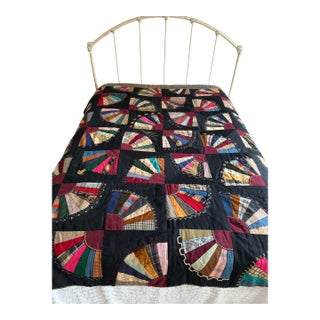 1920s Crazy Quilt Fan Pattern With Embroidered Date and the Word Mother 69" X 80" For Sale