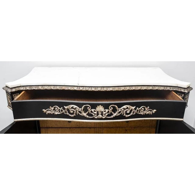 Napoleon III French Second Empire Monumental Ebonized and Parcel Silvered Meuble d'Appui Cabinet, with white marble top,...