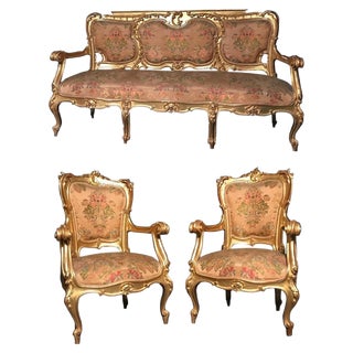 19th Century Italian Gilt Living Room Set with Sofa and Armchairs For Sale