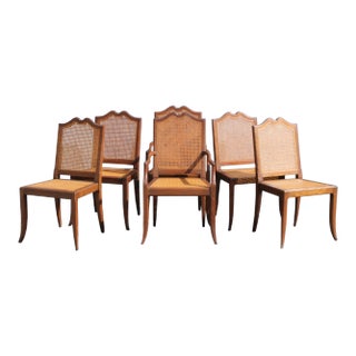 Mid-Century Modern Carved Walnut/ Caned Dining Chairs - Set of 6 For Sale