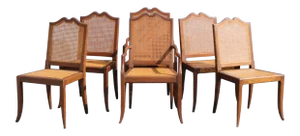 Mid-Century Modern Carved Walnut/ Caned Dining Chairs - Set of 6