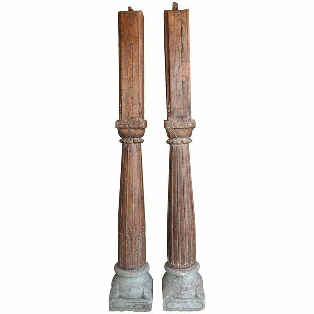 Large Antique Wood Columns With Stone Base Pillars a Pair Chairish
